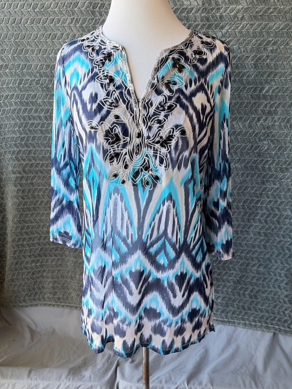 Blue & Aqua Ikat Embroidered Swim Coverup Tunic